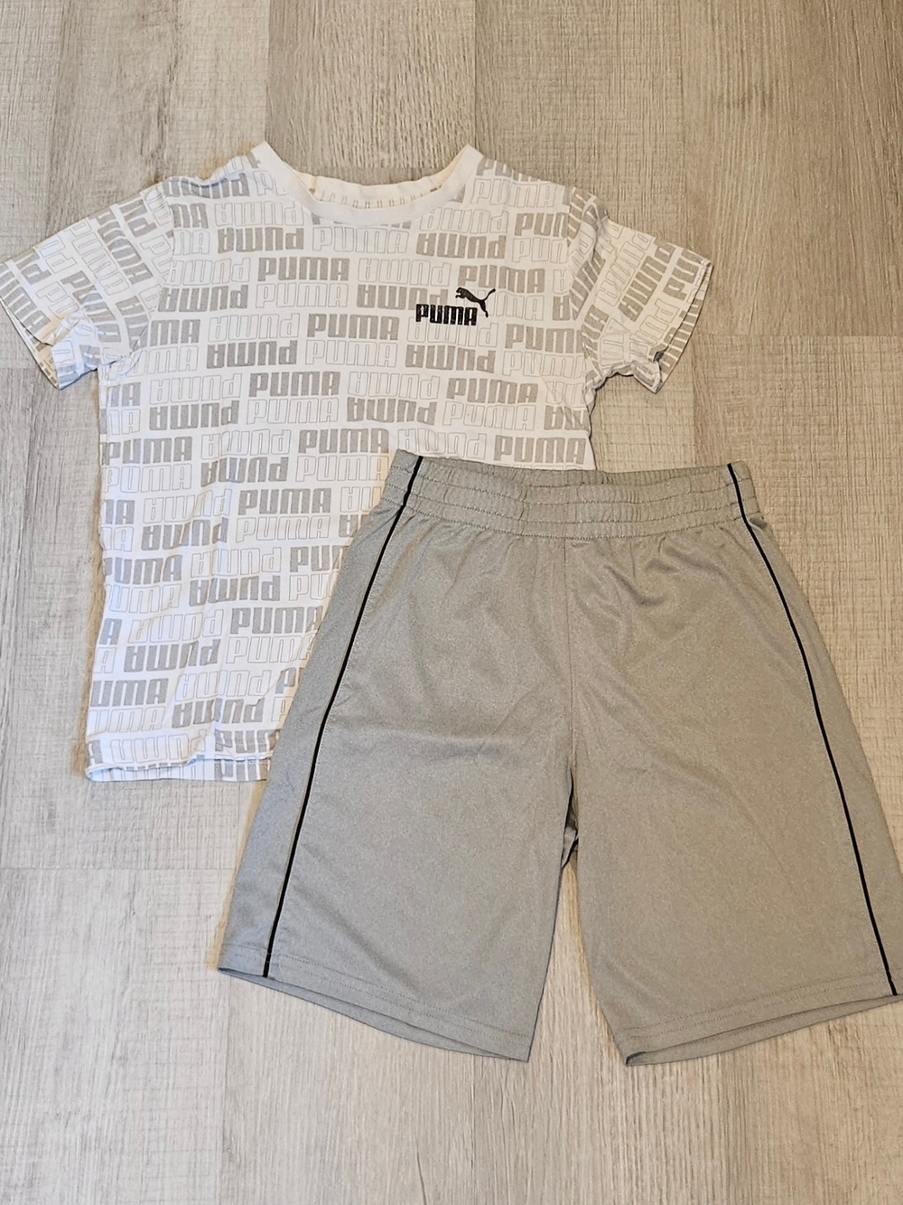 Puma Kids Medium White All-Over Logo Tee + Gray Shorts Set